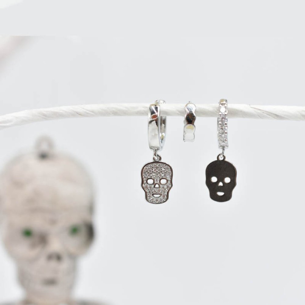 Rhodium Plated Diamond Skull Earring Set of 3 Hoops - Picture 5 of 5